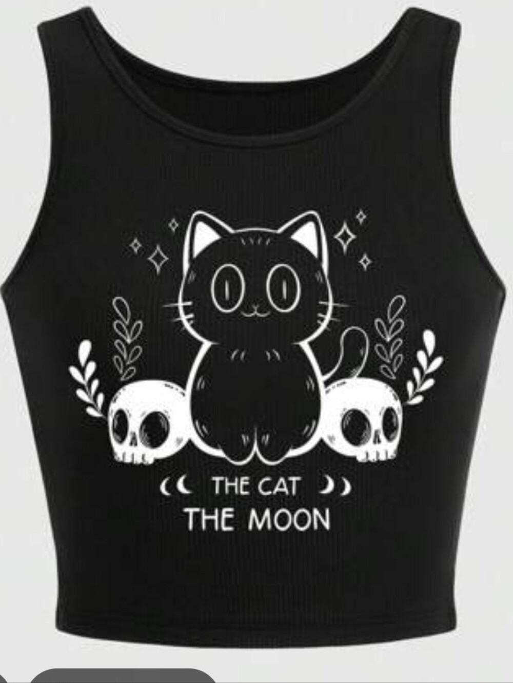 NWOT ROMWE Black Crop Tank with White Cat & Skull Graphic